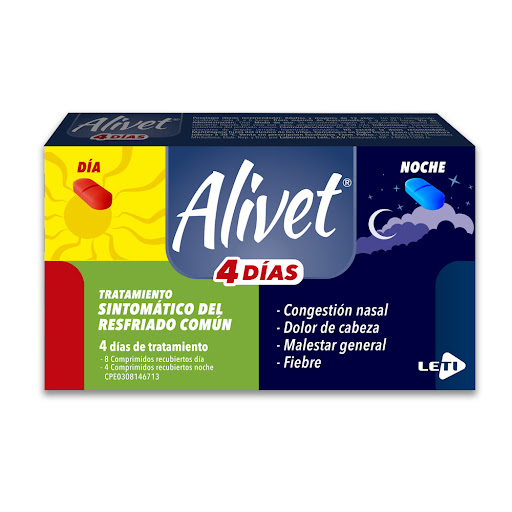 ALIVET (ACETAMINOFEN - CLORFENIRAMINA - CAFEINA) X 4 DÍAS DE TRATAMIENTO (8 COMPRIMIDOS DÍA + 4 COMPRIMIDOS NOCHE) (LETI)
