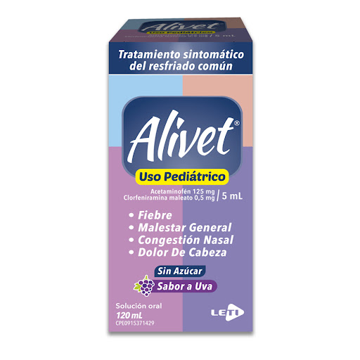 ALIVET JARABE PEDIÁTRICO (ACETAMINOFEN - CLORFENIRAMINA) 125MG - 0.5MG/5ML X 120ML (LETI)