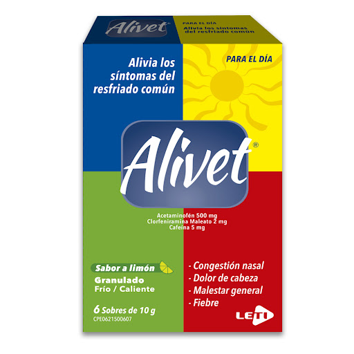 ALIVET LIMON (ACETAMINOFEN - CLORFENIRAMINA - CAFEINA) X 6 SOBRES DE 10 GRAMOS (LETI)