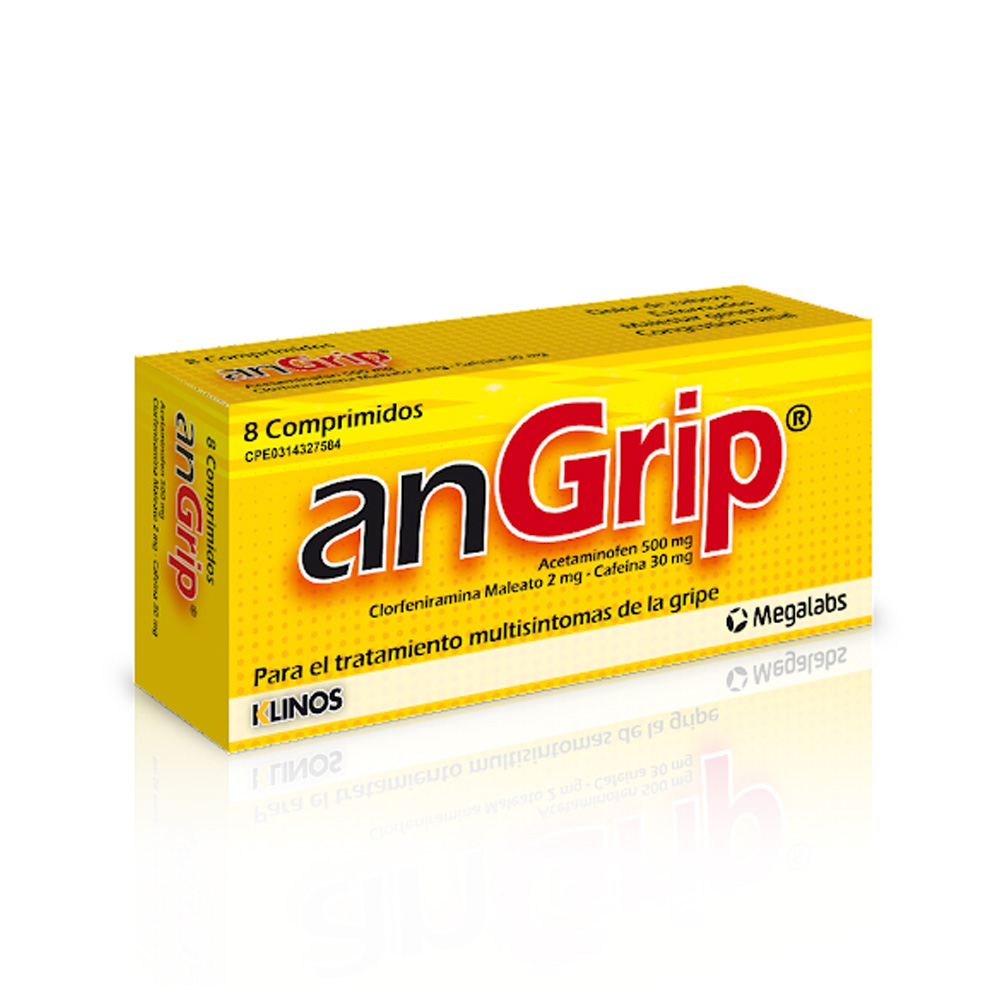 ANGRIP (ACETAMINOFEN - CLORFENIRAMINA MALEATO - CAFEINA) 500MG - 2MG - 30MG X 8 COPRIMIDOS (MEGALABS)