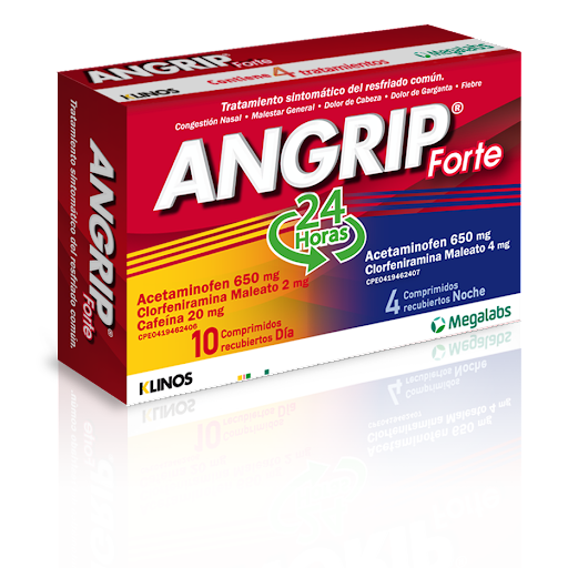 ANGRIP FORTE (ACETAMINOFEN - CLORFENIRAMINA MALEATO - CAFEINA) 650MG - 2MG - 20MG X 10 COMPRIMIDOS DÍA Y 4 COMPRIMIDOS NOCHE (MEGALABS)