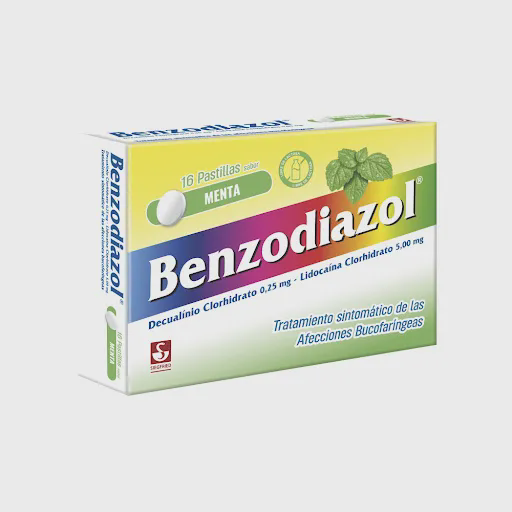 BENZODIAZOL MENTA (DECUALINIO DE CLORHIDRATO - LIDOCAINA CLORHIDRATO) 0.25MG - 5MG X 16 TABLETAS (MEYER)