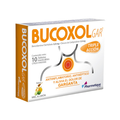 BUCOXOLGAR MIEL - LIMON (BENCIDAMINA CLORHIDRATO - CLORURO DE CETILPIRIDINIO) 3MG - 1MG X 10 TABLETAS MASTICABLES (LA SANTE)