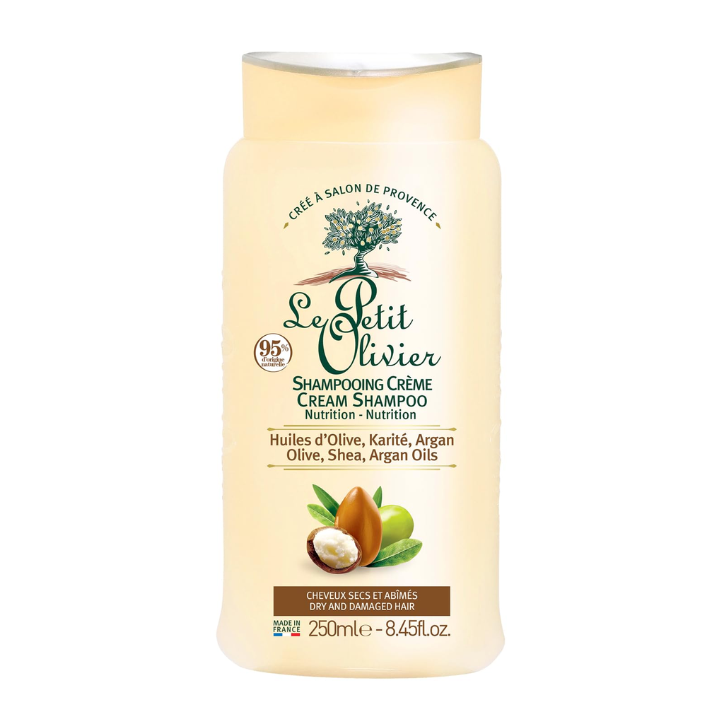 CHAMPÚ EN CREMA CON ACEITE DE OLIVA, ARGÁN Y KARITÉ PARA CABELLO SECO X 250 ML (LE PETIT OLIVIER)