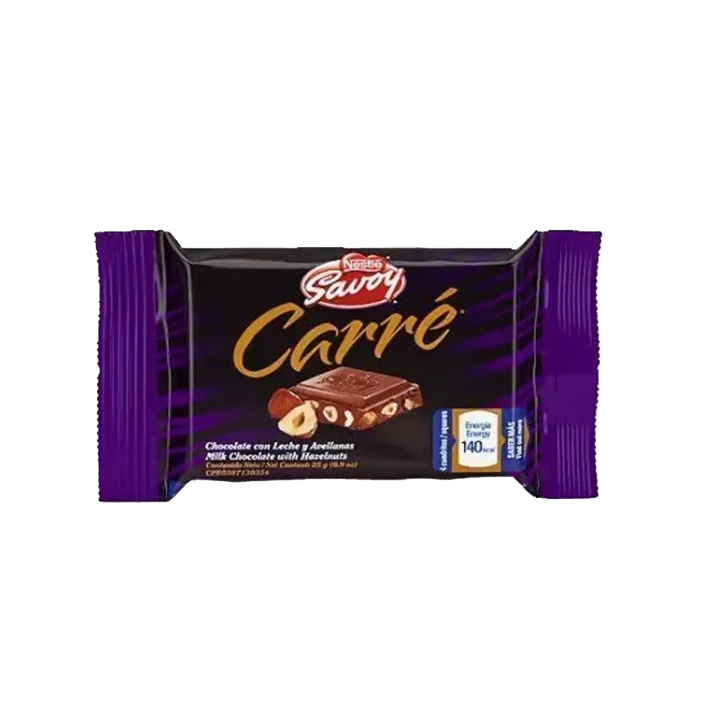 CHOCOLATE SAVOY CON LECHE Y AVELLANAS 25GR (CARRE)