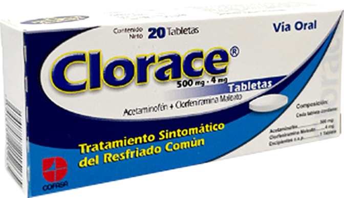 CLORACE (ACETAMINOFEN – CLORFENIRAMINA) 500MG-4MG X 20 TABLETAS (COFASA)