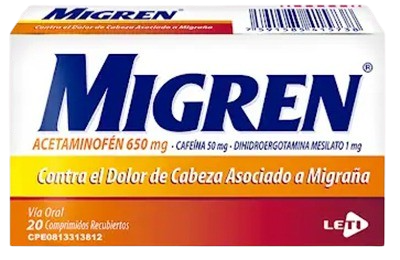 MIGREN (ACETAMINOFEN - CAFEINA - DIHIDROERGOTAMINA) 650MG-50MG-1MG X 20 COMPRIMIDOS (LETI)
