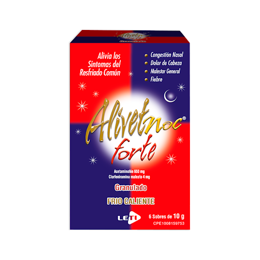 [7591585116673] ALIVET NOCHE FORTE (ACETAMINOFEN - CLORFENIRAMINA) 650MG/4MG X 6 SOBRES DE 10 GRAMOS (LETI)