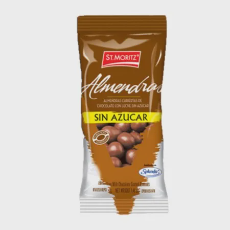 [7591720030413] ALMENDRAS CUBIERTAS DE CHOCOLATE DE LECHE SIN AZUCAR 40GR (ST MORITZ)