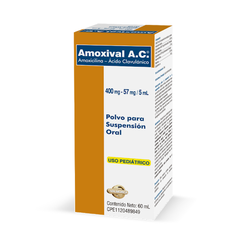 [7591020009010] AMOXIVAL CON ÁCIDO CLAVULANICO POLVO PARA SUSPENSIÓN USO PEDIATRICO (AMOXICILINA - ACIDO CLAVULANICO) 400MG - 57MG/5ML X 60ML (VALMORCA)