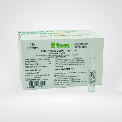 [7800061000727] ATROPINA SULFATO 1MG/1ML X 1 AMPOLLA (BIOSANO)