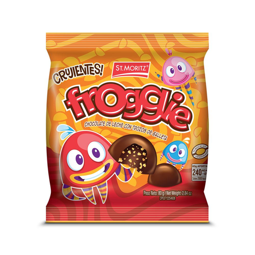[7591720030635] BOMBONES FROGGIES CRUJIENTES DE CHOCOLATE 80GR (ST MORITZ)