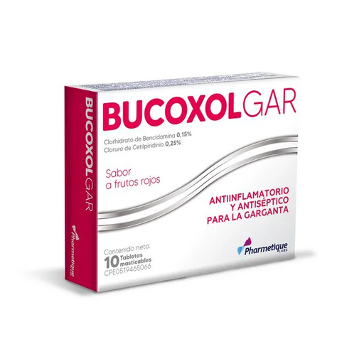 [7592454891363] BUCOXOLGAR FRUTOS ROJOS (BENCIDAMINA CLORHIDRATO - CLORURO DE CETILPIRIDINIO) 3MG - 1MG X 10 TABLETAS MASTICABLES (LA SANTE)