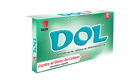 [7591519000474] DOL (ACETAMINOFEN - CAFEINA - DIHIDROERGOTAMINA) 450MG-40MG-1MG X 10 TABLETAS (CALOX)