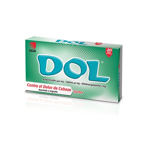 [7591519001587] DOL (ACETAMINOFEN - CAFEINA - DIHIDROERGOTAMINA) 450MG-40MG-1MG X 20 TABLETAS (CALOX)