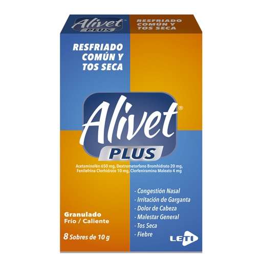 [7591585116086] ALIVET PLUS (ACETAMINOFEN - DEXTROMETORFANO - FENILEFRINA - CLORFENIRAMINA) X 8 SOBRES DE 10 GRAMOS (LETI)