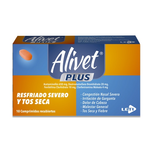 [7591585116581] ALIVET PLUS (ACETAMINOFEN - DEXTROMETORFANO - FENILEFRINA - CLORFENIRAMINA) X 10 COMPRIMIDOS RECUBIERTOS(LETI)